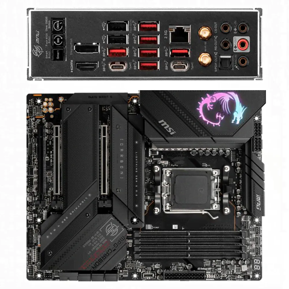 Материнская плата MSI MPG X670E Carbon WiFi Socket-AM5 AMD X670 4xDDR5, 6xSATA3, RAID, 4xM.2, 3xPCI-E16x, 6xUSB3.2, 2xUSB3.2 Type C, DP, HDMI, WiFi, 2.5Glan, ATX Ret