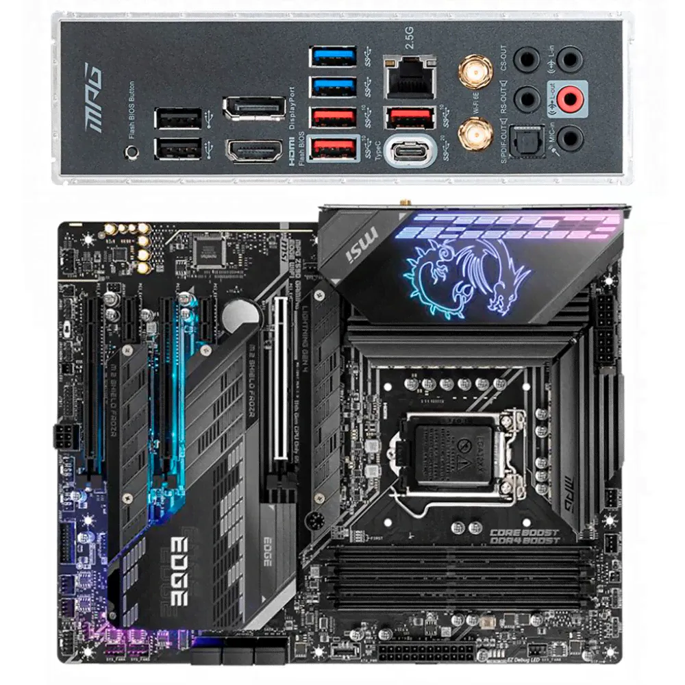 Материнская плата MSI MPG Z590 Gaming Edge WiFi Z590 Socket-1200 4xDDR4, 6xSATA3, RAID, 3хM.2, 3xPCI-E16x, 5xUSB3.2, 1xUSB3.2 Type C, DP, HDMI, Wi-Fi, 2.5Glan, ATX