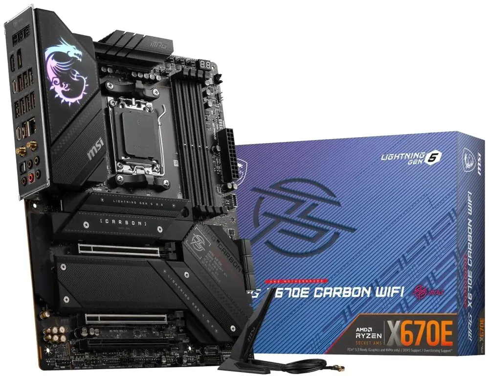 Материнская плата MSI MPG X670E CARBON WIFI AM5 ATX, набор микросхем AMD X670, 4x DDR5, максимальная емкость памяти 128 ГБ, Wi-Fi 6E, 2,5 Гбит/с LAN,