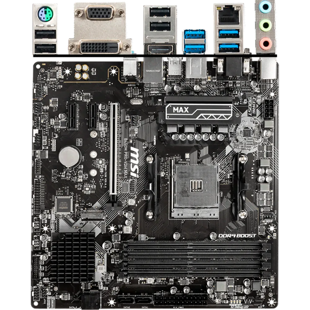 Материнская плата MSI B450M Pro-VDH Max B450 Socket AM4 4xDDR4, 4xSATA3, RAID, 1xM.2, 1xPCI-E16x, 4xUSB3.1, D-Sub, DVI-D, HDMI, Glan, mATX